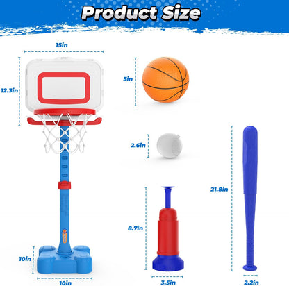 EagleStone 4-in-1 Toddler Basketball Hoop and T Ball Set, Adjustable Height Basketball Hoop,Tee Ball & Ring Toss Toy, Outdoor Indoor Sports Gift for Boys Girls Toddlers Ages 3-8