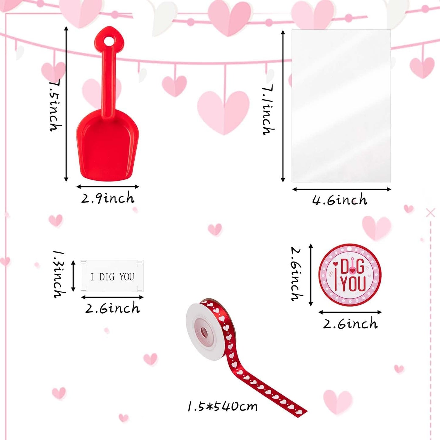 Haooryx Valentine's Day Shovels Toy Gift Set - Plastic Shovel Toy White Red Pink Mini Sand Scoop Shovel Toys Valentines Party Gift 18Set Shovels I Dig You Stickers Labels Clear Bags and 1 Heart Ribbon
