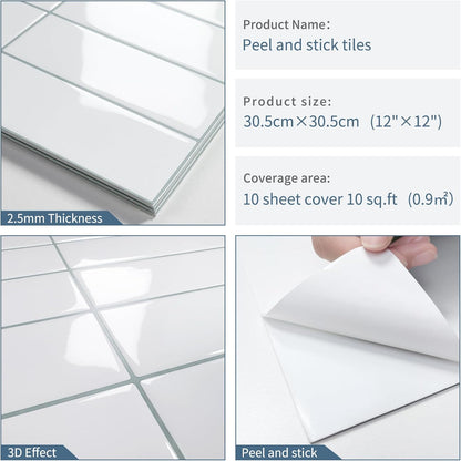 Plain White Peel and Stick Backsplash Tile Rectangle Subway Self Adhesive Wall Tiles for Kitchen (10-Sheet,12"x12")
