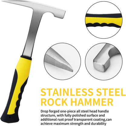 14 PCS Geology Rock Pick Hammer Kit, Gold Mining & Prospecting Equipment Tool, Musette Bag, 22oz Hammer & Digging Chisels, Shovel, Magnifying Glass, Whistle, Goggles