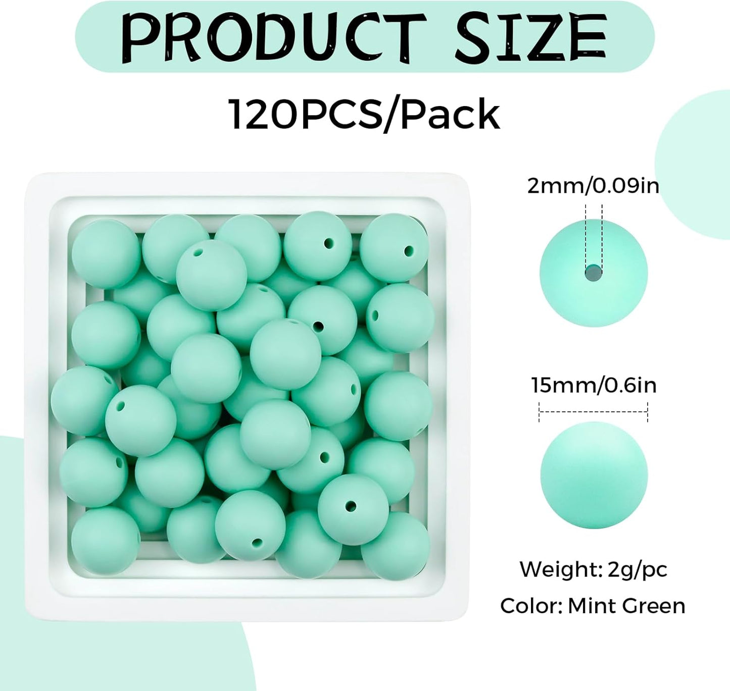 120PCS FIVEIZERO Silicone Beads for Keychain Making, 15mm Glacier Gray Round Silicone Rubber Focal Beads Bulk for DIY Crafts, Bracelets, Necklaces, and Pens