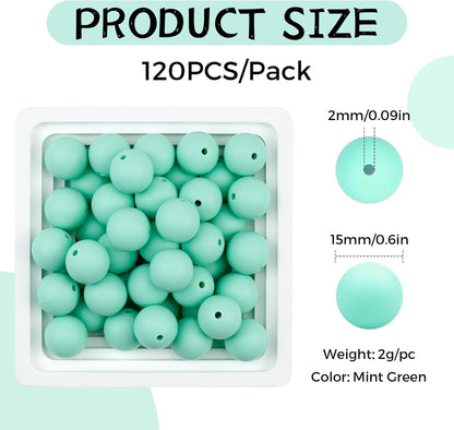 120PCS FIVEIZERO Silicone Beads for Keychain Making, 15mm Glacier Gray Round Silicone Rubber Focal Beads Bulk for DIY Crafts, Bracelets, Necklaces, and Pens