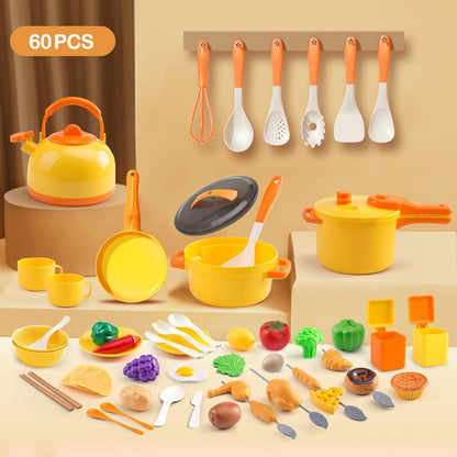 60Pcs Kids Mini Play Kitchen Accessories, Pretend Cooking Play Set with Cookware, Tableware & Fruit & BBQ Sets, Learning Gift for Boys, Girls, Toddlers,Yellow