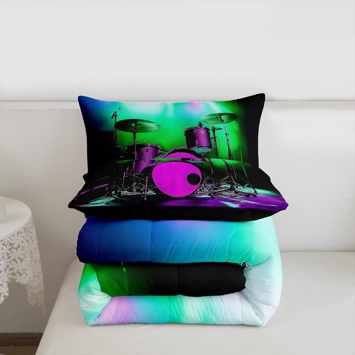Erosebridal Drum Kit 3D Print Kids Comforter Sets Rock Music Themed Full Bedding Set for Boys Girls Musical Pattern Comforter Set,Colorful Retro Style Quilt Duvet 3 Pcs
