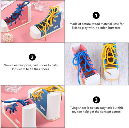 NUOBESTY Shoe Tie Practice for Kids Learn to Tie Shoes Tying Practice Board Lacing Toy Wooden Shoelaces Knot Tying Kit Teaching Preschool Learning Toys, Blue