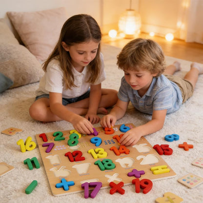 Wooden Number Puzzle for Young Children, 1-20 Digit Operation Symbol Puzzle, Suitable for Number Learning and Educational Toys for Preschool Children Aged 3-5 Years Old