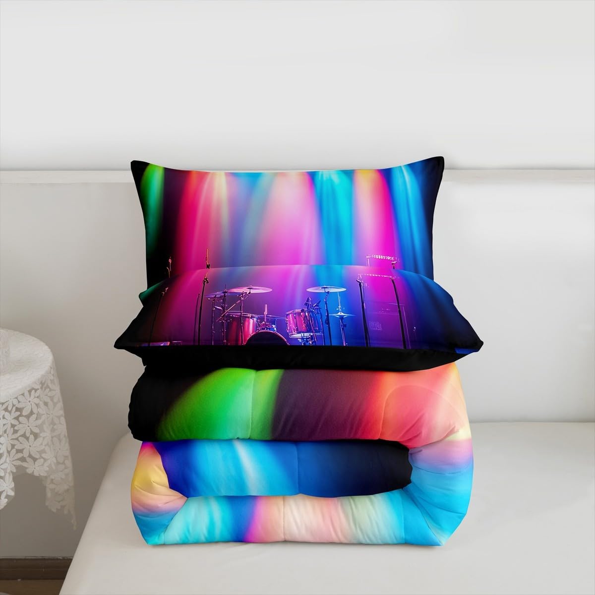 Erosebridal Drum Kit 3D Print Kids Comforter Sets Rock Music Themed Full Bedding Set for Boys Girls Musical Pattern Comforter Set,Colorful Retro Style Quilt Duvet 3 Pcs