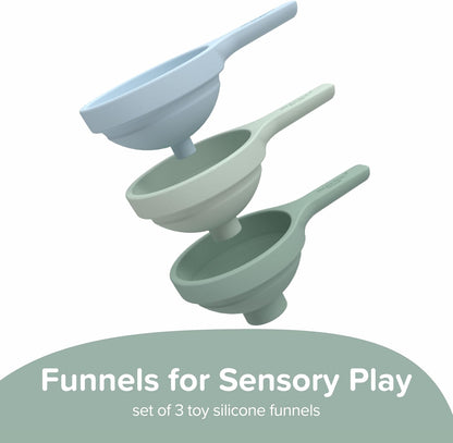 Inspire My Play 3 x Green Silicone Collapsible Funnels for Kids - Sensory Play Funnel Toys for Kids - Pouring Toys for Toddlers - Food Safe Sensory Bin Tools and Accessories