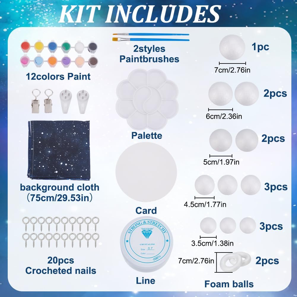 WEBEEDY Solar System Foam Ball Kit for Crafts,DIY System Project Kit Include Foam Balls Pigments Brushes Starry Sky Background Cloth for Hanging Space Project Party Decor Christmas Birthday Gift