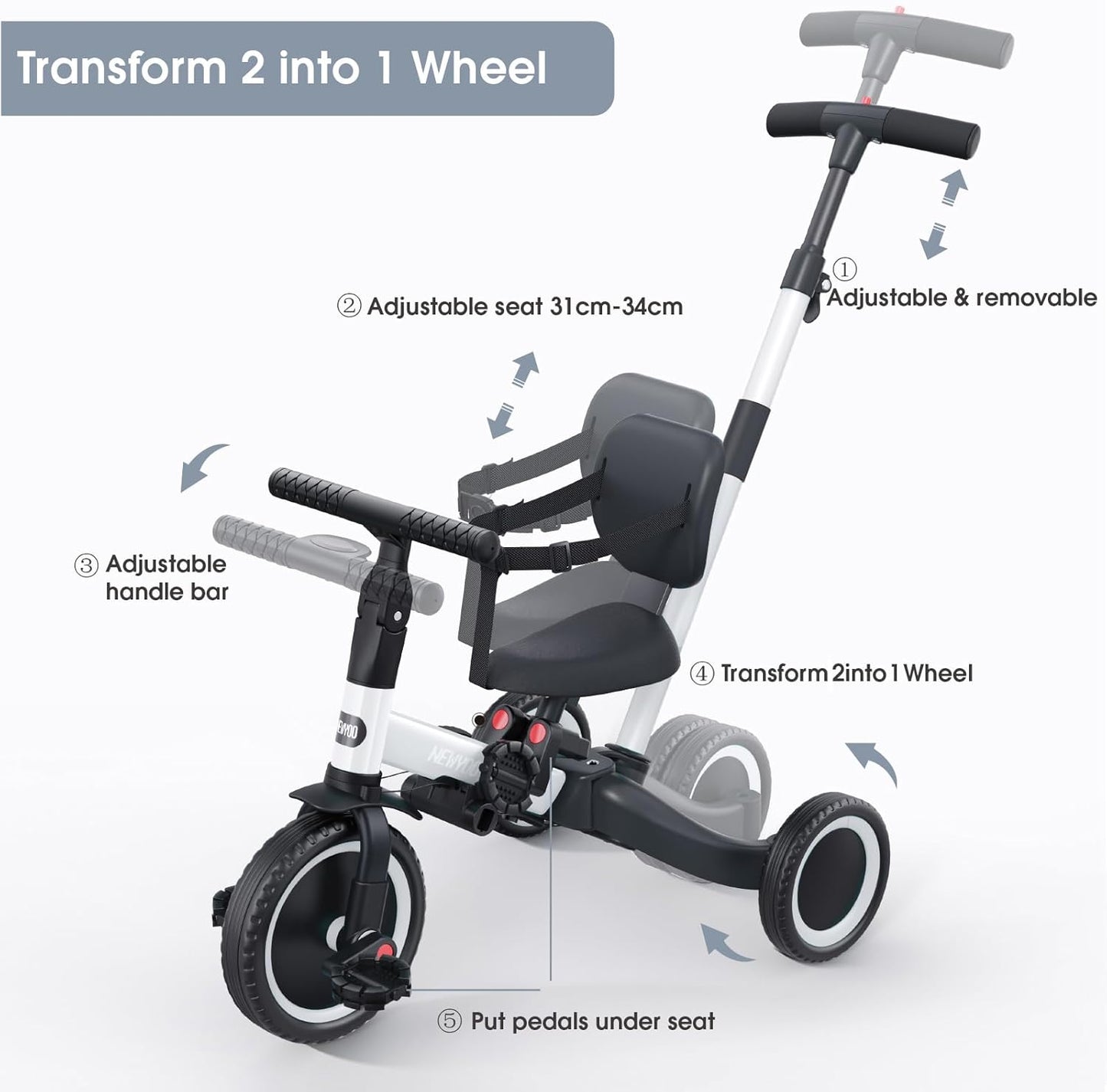 newyoo Toddler Tricycle with Push Handle for 1-3 Year Old, Toddler Bike, Birthday Gift and Toy for Boys and Girls, 5 in 1 Kids Trike, Balance Bike with Backrest and Safety Belt, Khaki, TR007
