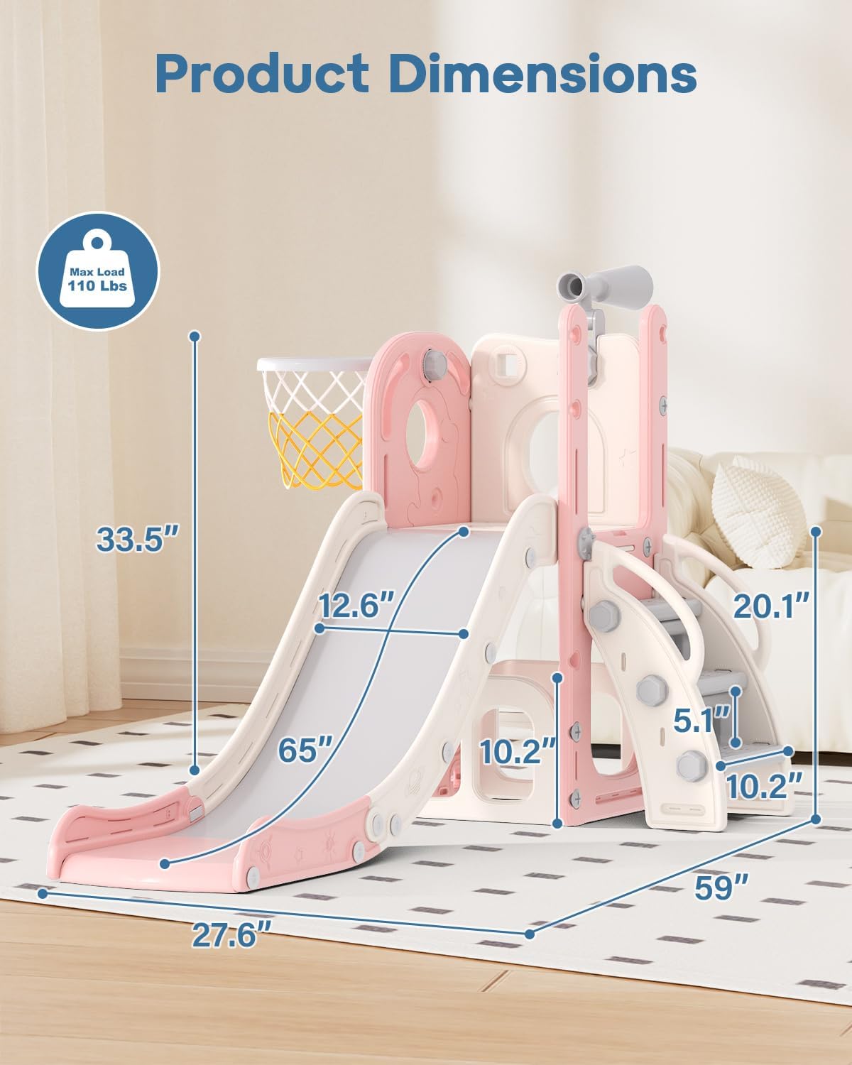 Babytronic Toddler Slide, 6 in 1 Kids Indoor Slide for Toddlers 1-3, Baby Indoor and Outdoor Climber Playset, Kids Slide with Basketball Hoop and Telescope, Toddler Outdoor Playground (Blue&Yellow)