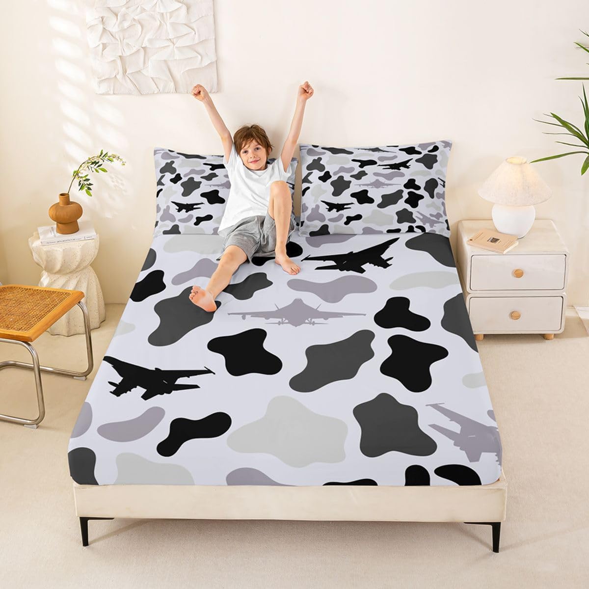 Manfei Musical Kids Fitted Sheet Full Size, MusicalGuitar Radio Drum Kit Headset Print Bedding Set 3pcs for Boys Girls, Rock Music Bed Cover with 2 Pillowcases, Soft Polyester Bedding, No Top Sheet