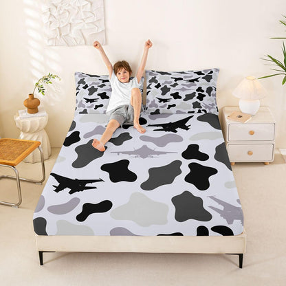 Manfei Musical Kids Fitted Sheet Full Size, MusicalGuitar Radio Drum Kit Headset Print Bedding Set 3pcs for Boys Girls, Rock Music Bed Cover with 2 Pillowcases, Soft Polyester Bedding, No Top Sheet