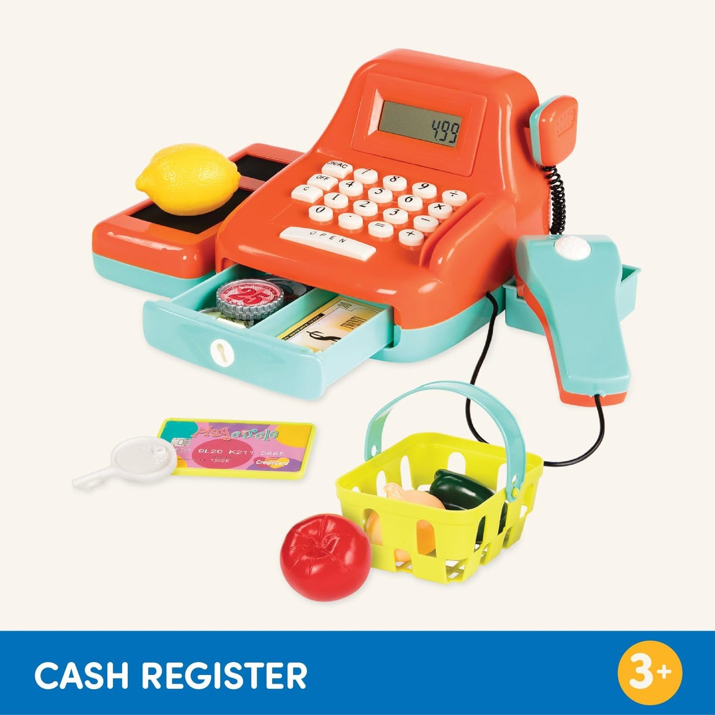 Battat – Interactive Kids Cash Register with Scanner & Sounds – 26 Pieces Pretend Play Shopping Set with Light – Up Scanner, Play Money & Card – Educational Toy for Learning & Fun – 3+ Years