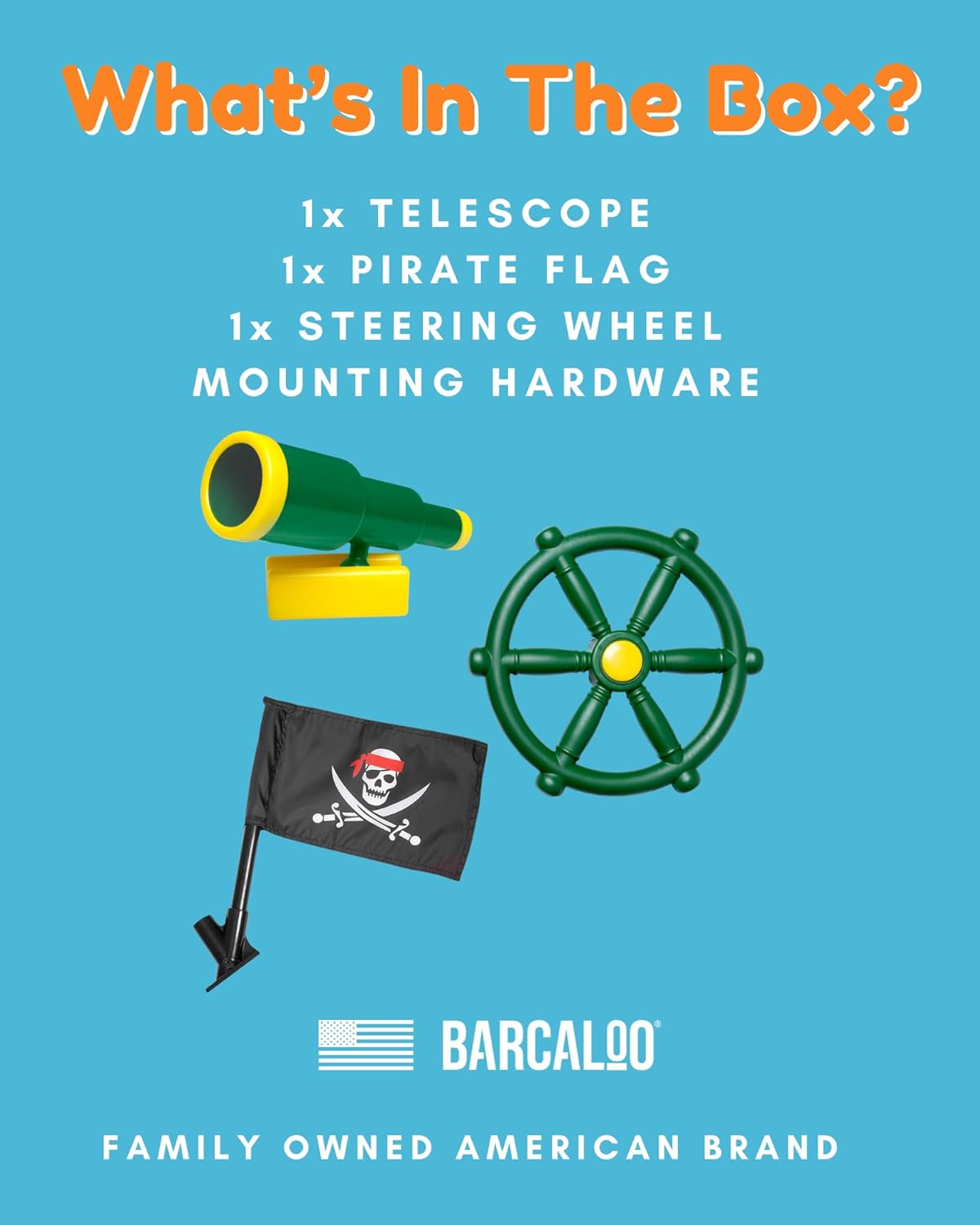 Barcaloo Playground Equipment Bundle Set with Kids Pirate Telescope, Pirate Steering Wheel & Flags, Jungle Gym Playset Accessories for Backyard Swings, Playground Set for Backyards