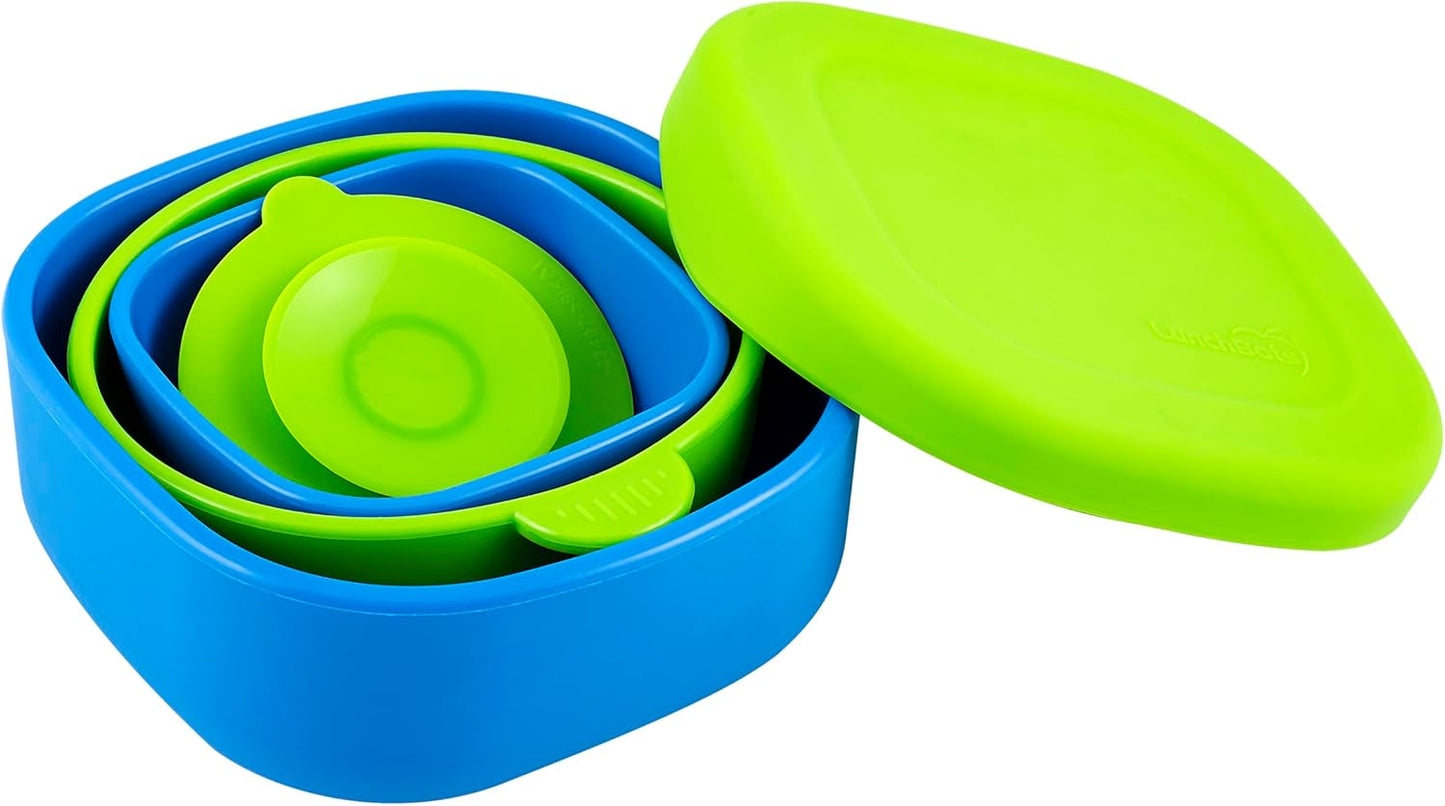 LunchBots Silicone Suction Bowl for Baby & Toddler, Stackable Nesting Bowl Set of 3 with Lid for Feeding, Portable Travel Bowls, Dishwasher Safe, 5/8/17 oz (Blue/Green)