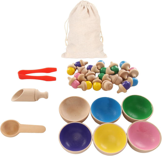 Wooden Colorful Sorting Acorns Counting Toy, Color Recognition Learning Set with Sorting Cups and Tongs, Fine Motor Skill Development Activity for Preschool Kindergarten