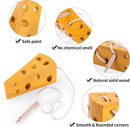 Sealive Early Development Wooden Lacing Toys, Montessori Activity Caterpillars Eat Apple and Kids Cheese Toys, Children Learning Educational Wood Block Puzzles for Toddlers Boys Girls