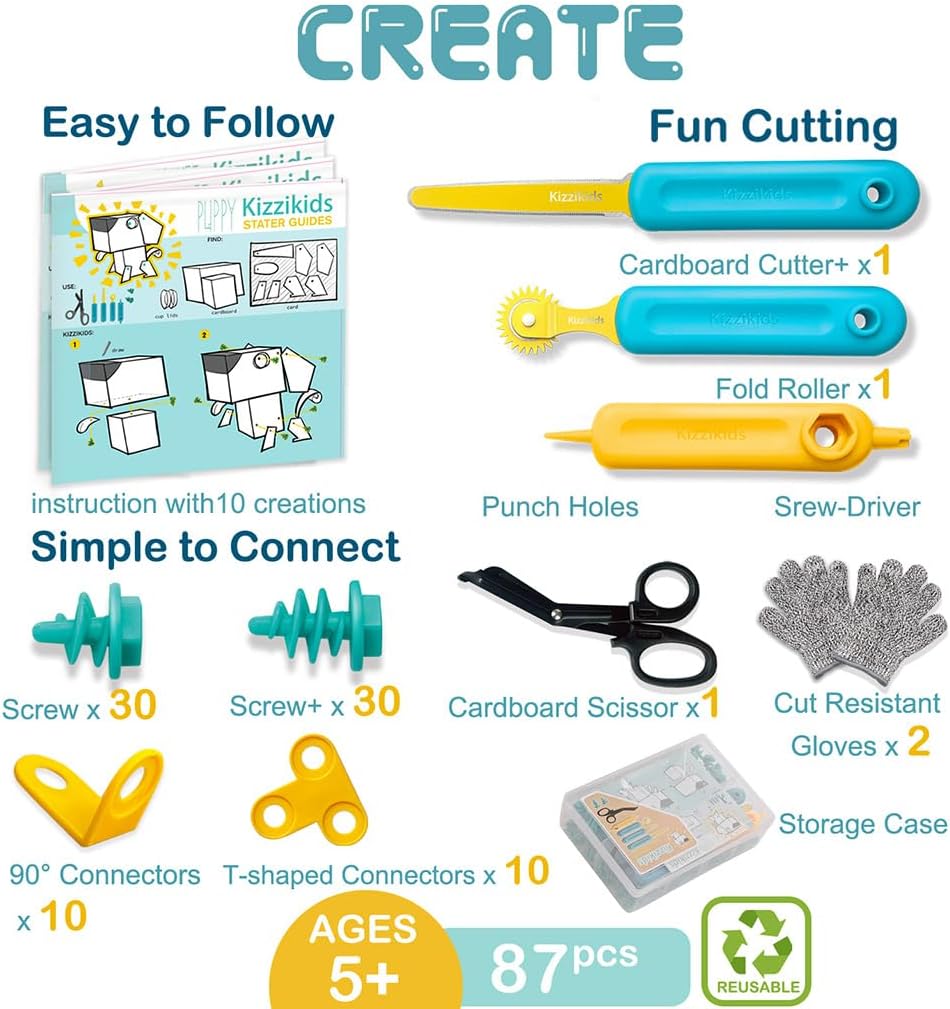 Kizzikids Cardboard Tools for Kids with Cutter &Tool Box, 149 PCS Cardboard Construction Kit for Family & Team Activities, Creative STEM Educational Toys Gift for Boys and Girls Aged 5+