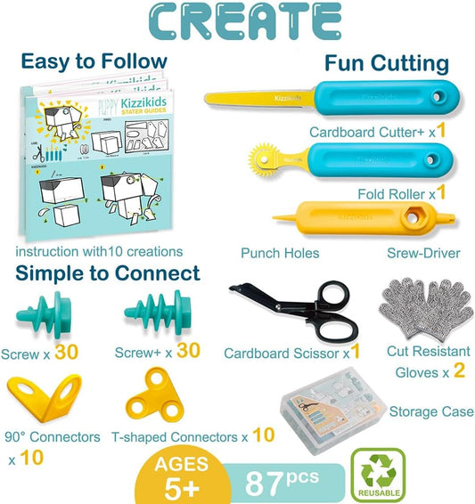Kizzikids Cardboard Tools for Kids with Cutter &Tool Box, 149 PCS Cardboard Construction Kit for Family & Team Activities, Creative STEM Educational Toys Gift for Boys and Girls Aged 5+