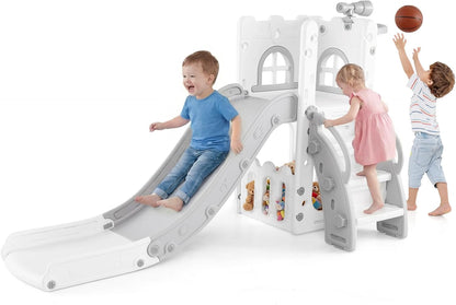 OLAKIDS Toddler Slide and Swing Set, 7 in 1 Kids Indoor Outdoor Playground with Climber Basketball Hoop Telescope Toy Storage for Boys Girls Aged 1+ (Grey)