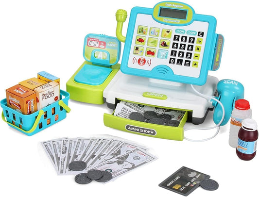 FS Pretend Play Cash Register Toy with True Barcode Scanner & Calculator, Microphone, Play Food, Supermarket Cashier, Great Pre-School Gift Cash Register for Kids Boys & Girls, Ages 3 4 5 6 8