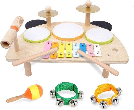 Kids Drum Set, Montessori Musical Instruments for Toddlers 1-6, Wooden Toys Montessori Music Table, Xylophone Drum Kit, Birthday for Boys Girls