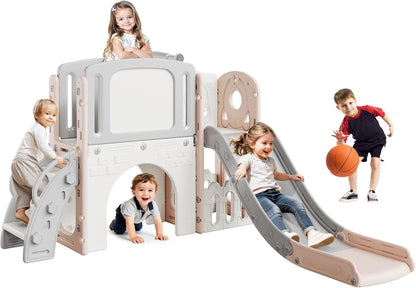 8-in-1 Toddler Slide Playground Set for Indoor & Outdoor Fun – Includes Climber, Basketball Hoop, Telescope, Tunnel, and Storage Space for Kids – Perfect for Backyard & Courtyard Activities