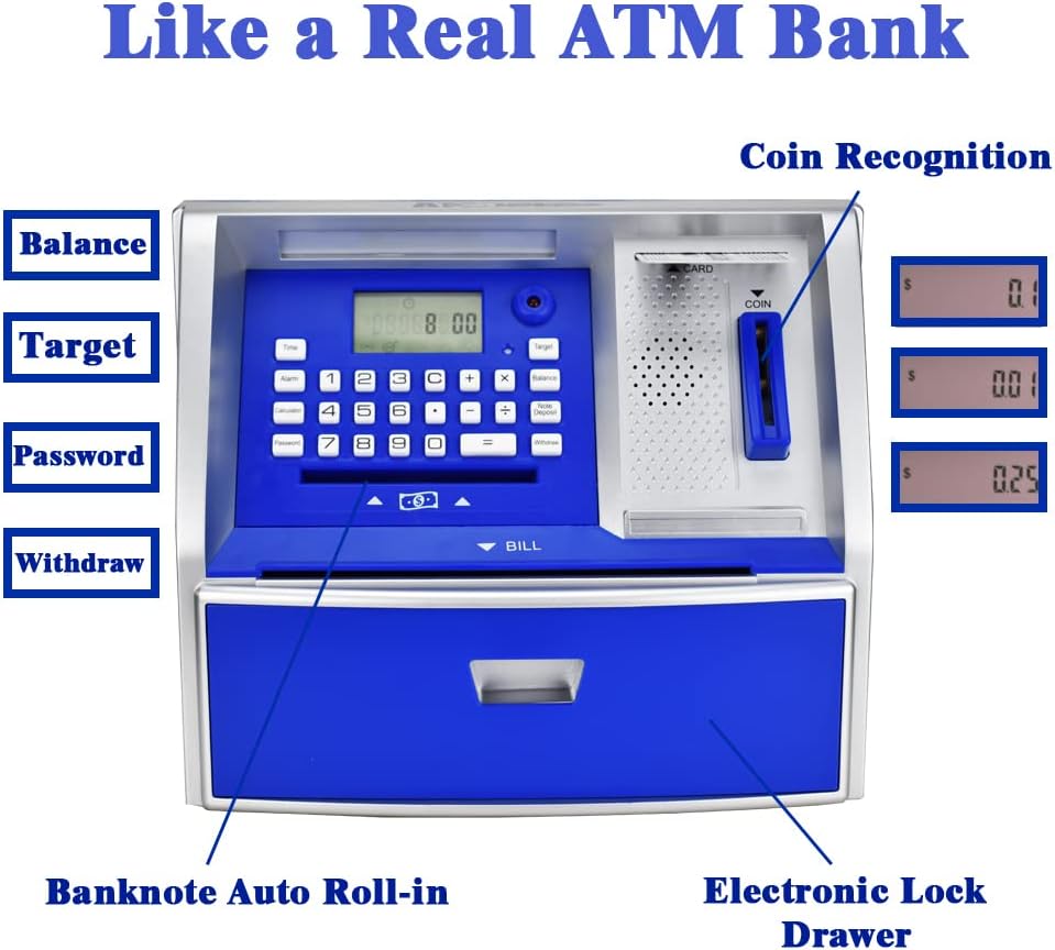 ATM Savings Bank with Debit Card, Electronic Piggy Bank for Real Money, Coin Recognition, Targets Setting, Password Login, Voice Prompt, Great Gift for Boys Girls (Golden/Black)