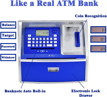 ATM Savings Bank with Debit Card, Electronic Piggy Bank for Real Money, Coin Recognition, Targets Setting, Password Login, Voice Prompt, Great Gift for Boys Girls (Golden/Black)