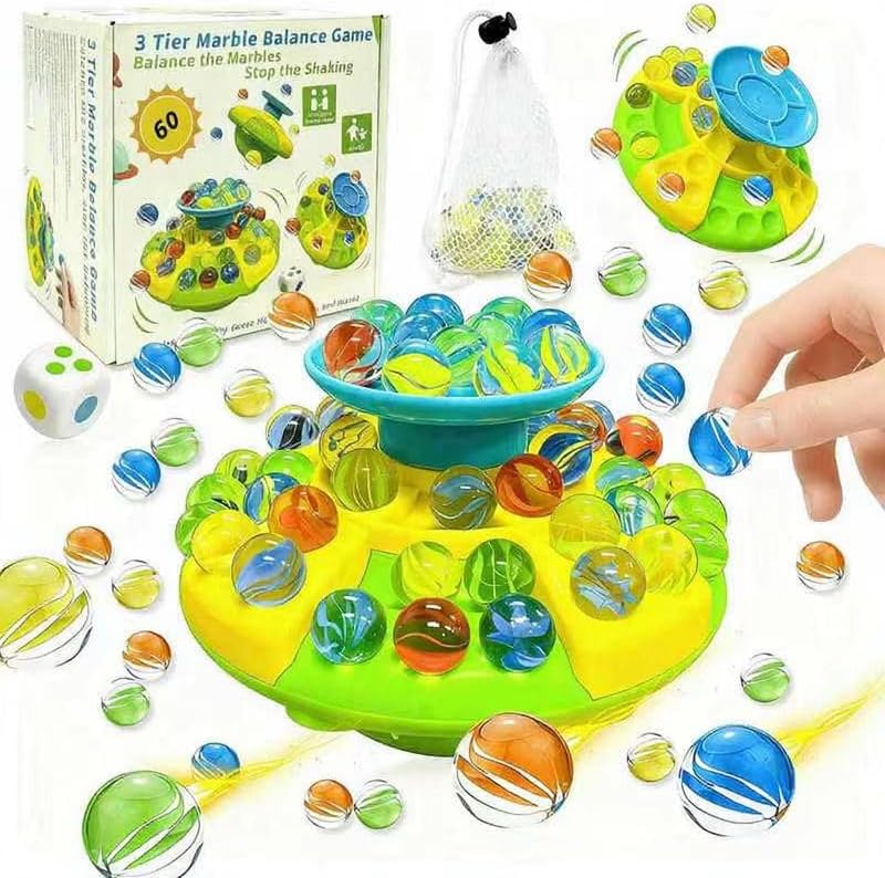 3-Tier Marble Balance Game for Kids Ages 6+ | 60 Glass Marbles STEM Strategy Toy | Family Party Game for Boys and Girls | Fine Motor & Coordination Skill Builder | Includes Storage Bag