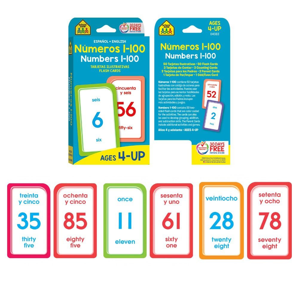 School Zone Preschool Spanish Bilingual 4-Pack Flash Cards: 224 Cards, Tarjetas de Índice Bilingües Español/Inglés, Alphabet, Sight Words,: Numbers 1-100, Colors & Shapes, Language Immersion, Ages 4+ (Spanish/English Edition)