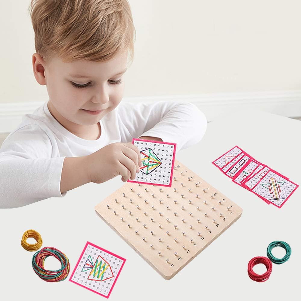 Skrtuan Wooden Geoboard with Pattern Cards & Rubber Bands, Montessori STEM Educational Toy for Kids 3-5 5-8 Years Old, Brain Teaser Puzzle Game for Geometry Learning and Creative Shapes