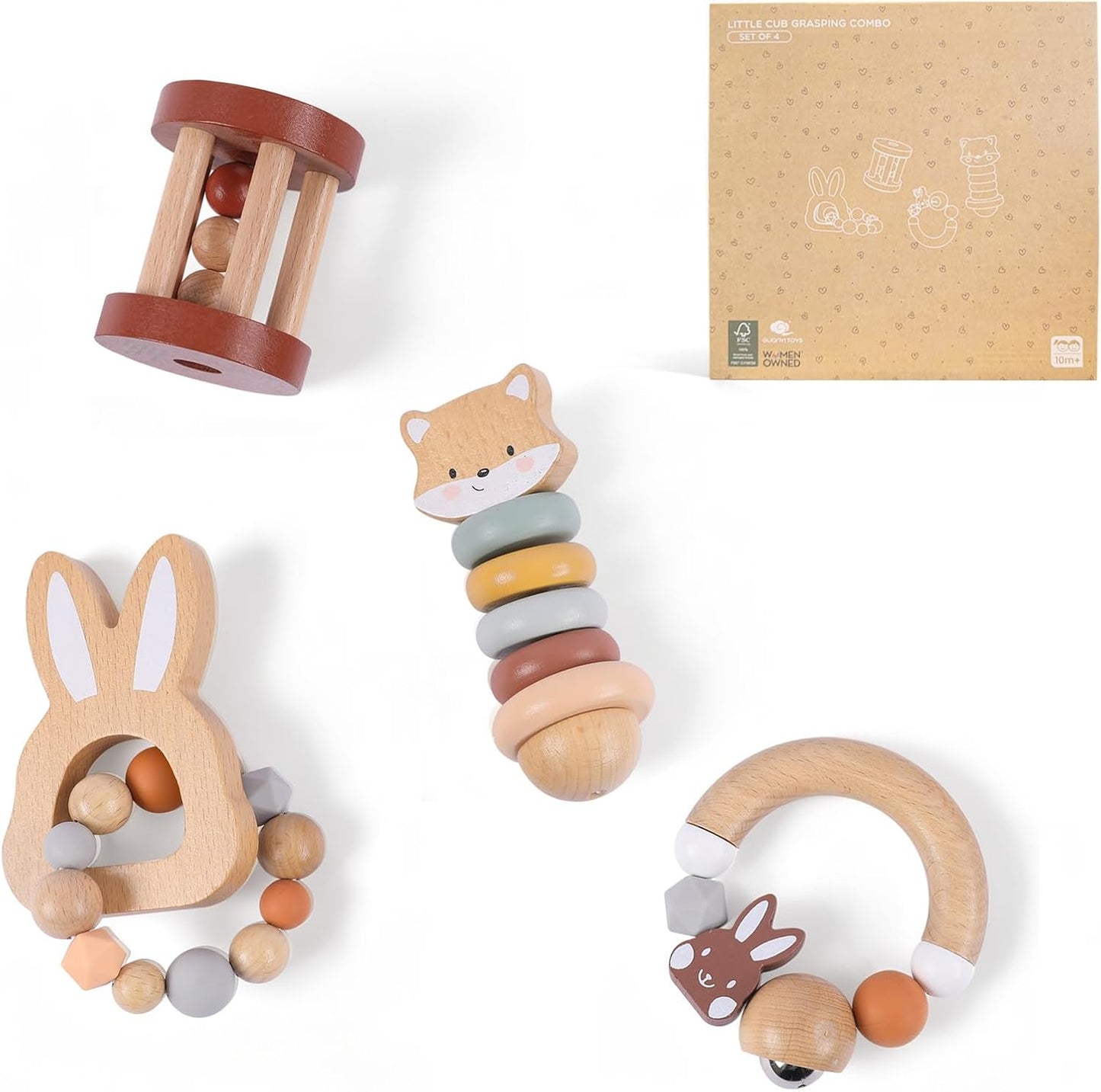 FReniland Wooden Baby Toy Set for 12M+, Montessori Grasping & Stacking Toys, Elephant & Car Sensory Toys, Natural Wood Fine Motor Skill Development Gift for Boys & Girls