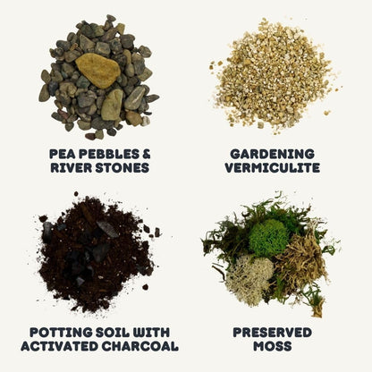 Cute Farms Terrarium Starter Kit | Moss, Vermiculite, Soil, Pebbles, Plant Food, & Finishing Tools (Large Kit + Crystals)