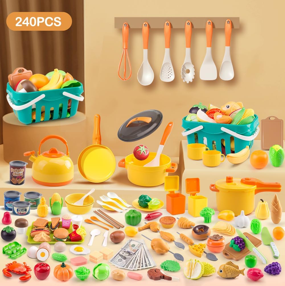 60Pcs Kids Mini Play Kitchen Accessories, Pretend Cooking Play Set with Cookware, Tableware & Fruit & BBQ Sets, Learning Gift for Boys, Girls, Toddlers,Yellow