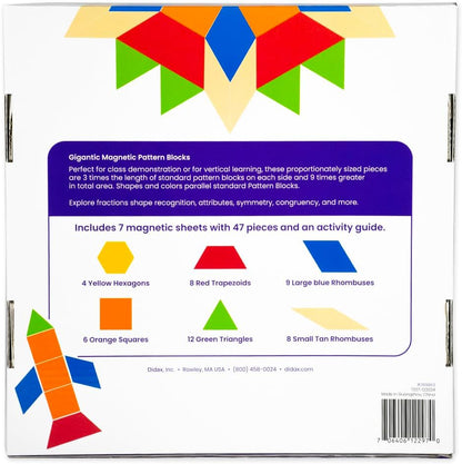 Giant Magnetic Pattern Blocks – Jumbo Magnetic Geometry & Fraction Blocks, 47-Piece Math Manipulative Set for PreK–6, Shape Recognition, Fractions, Symmetry, Classroom & Home Use