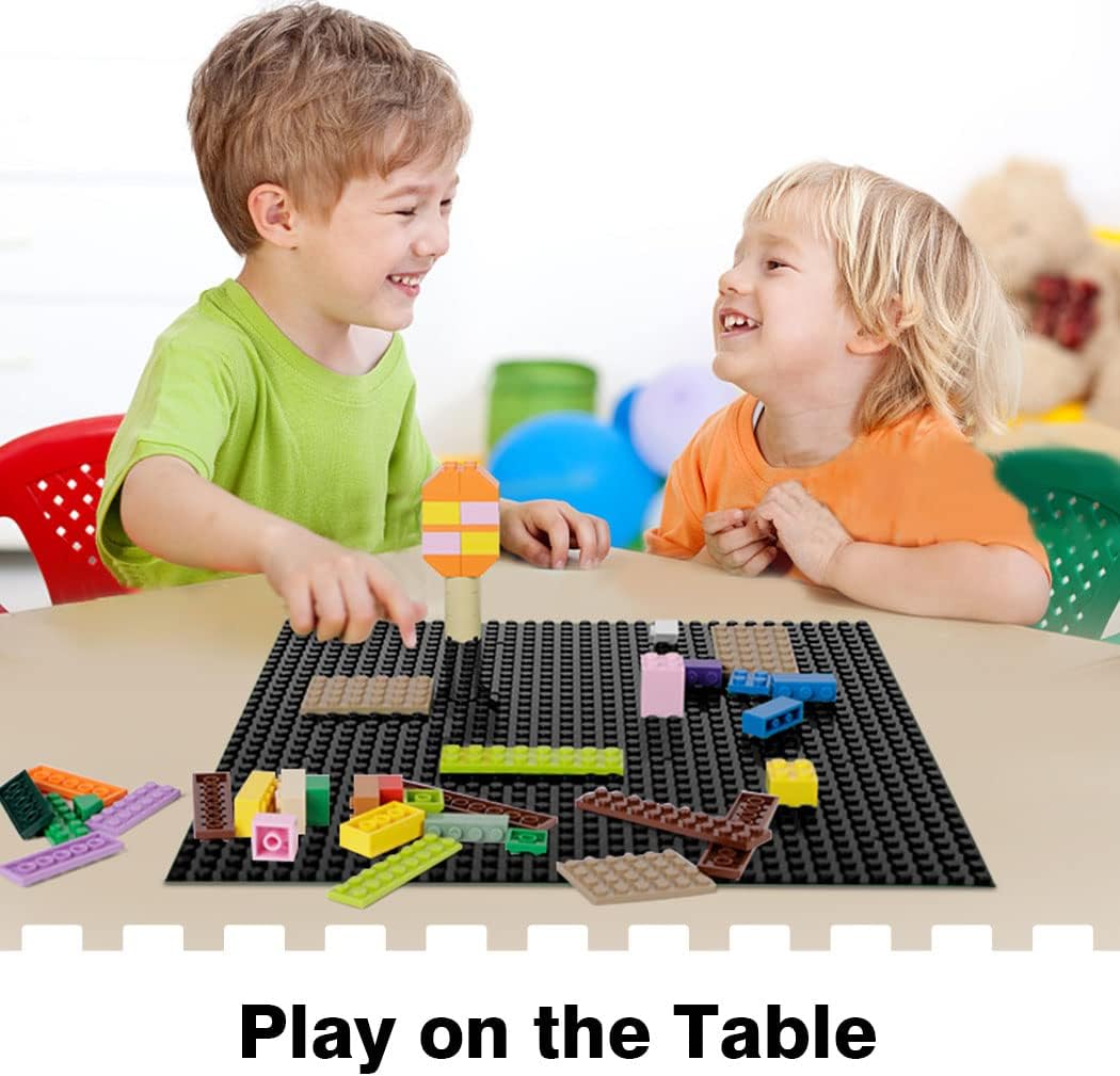 8 Pack Peel-and-Stick Building Baseplates, 10”x10” Classic Building Boards - 100% Compatible with All Major Brands of Toy Building Sets, Sturdy Stacking Play Table Top, Black