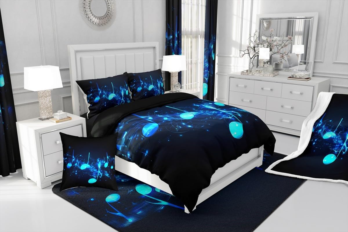 Drum Kit Comforter Cover Abstract Musical Instruments Bedding Set for Kids Boys Teens,Pop Music Duvet Cover Modern Rock Quilt Cover, Teal Laser Light Bedroom Decor Twin Size Blue Green Black