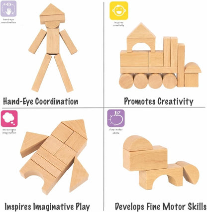 Pidoko Kids 100pcs Natural Beech Wood Building Blocks for Toddlers 1-3, Wooden Blocks with Storage Bucket and Shape Sorter Lid Montessori Toys for 1 2 3 Year Old Boys and Girls, Preschool Learning