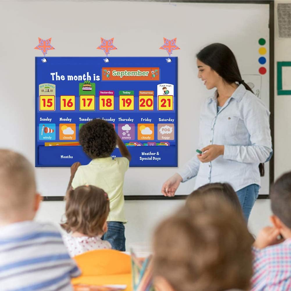 Weekly Calendar with Weather Pocket Chart Elementary for Classroom Home,98 Bright Cards Included,Learning Pocket Chart Calendar for Kids Toddlers