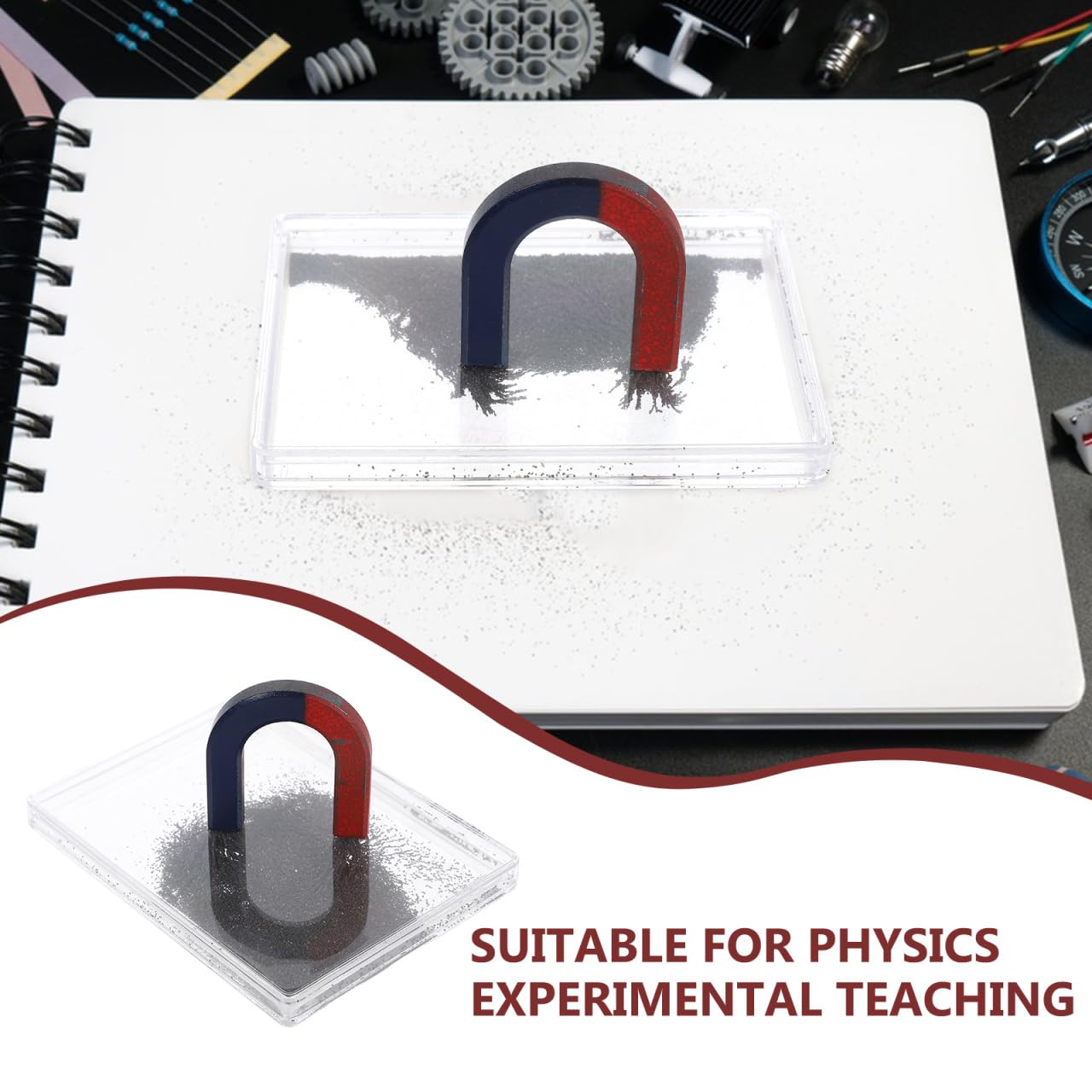 Scientific Iron Filings Box, 3.69X2.75in Metal Powder Box Simulates Magnetic Field Demonstrator, Magnetic Flux Lines Depiction Experiment Physics Electromagnetism Teaching Instrument