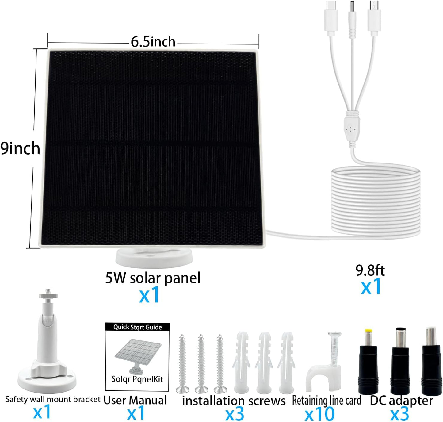 5W Solar Panel Designed specifically for Outdoor Security Cameras IP65 Waterproof Rating Equipped with a 9.8-Foot Cable (Supports USB-C/Micro USB/DC 3.5 x 1.35 mm connectors)