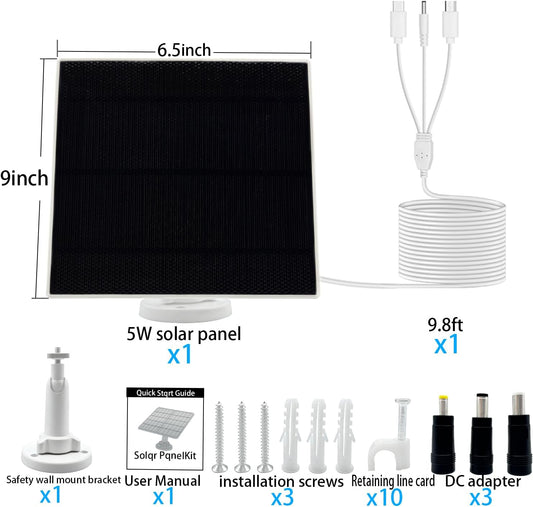 5W Solar Panel Designed specifically for Outdoor Security Cameras IP65 Waterproof Rating Equipped with a 9.8-Foot Cable (Supports USB-C/Micro USB/DC 3.5 x 1.35 mm connectors)