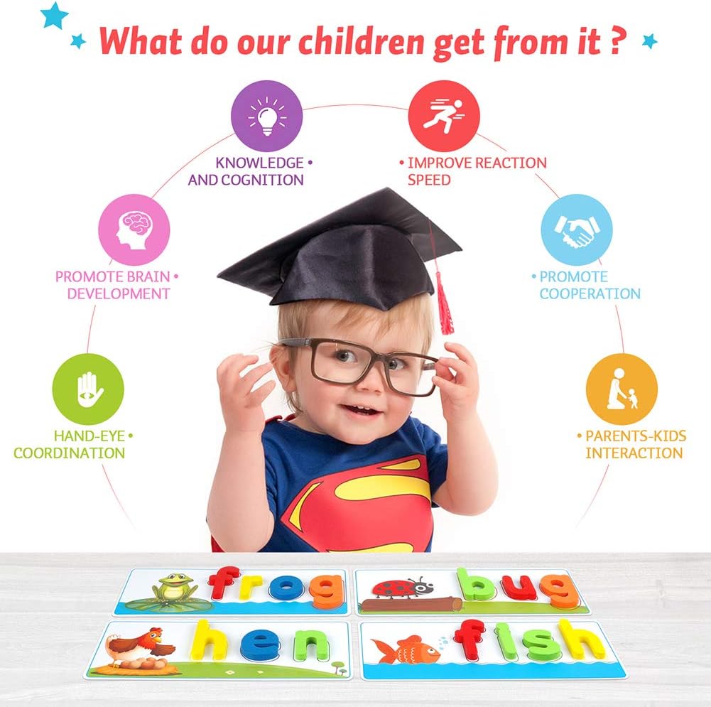 KMUYSL Learning Toys for 3 4 5 6 Years Old Boys and Girls - See & Spell CVC Word Builders with Alphabet Cards for Kids, Preschool Learning Activities Toys, Idea Birthday Gifts for Age 3-5 4-6 Kids