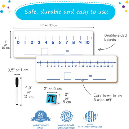 12-Pack Double-Sided Dry Erase Number Line White Boards - 4"x12", Elementary Numberline Strips, White Boards for Students, Math Manipulatives Must Haves, Number Line for Classroom Set - Simply Magic
