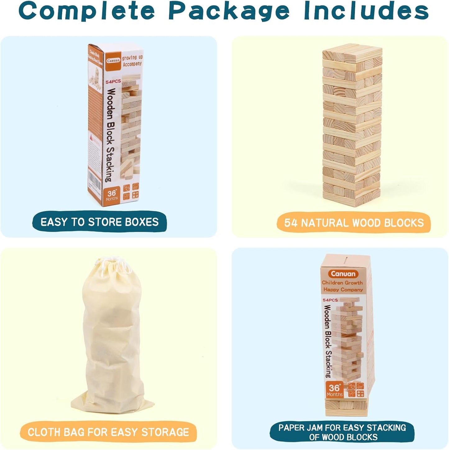 54PCS Classic Block Stacking Board Game Wooden Blocks Stacking Games for Kids and Families Tumbling Tower Blocks Game for Kids and Adults with Storage Bag