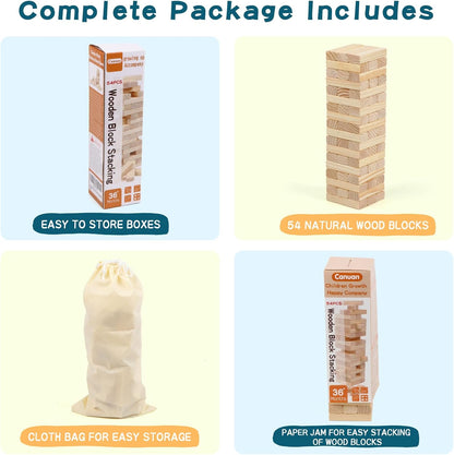 54PCS Classic Block Stacking Board Game Wooden Blocks Stacking Games for Kids and Families Tumbling Tower Blocks Game for Kids and Adults with Storage Bag