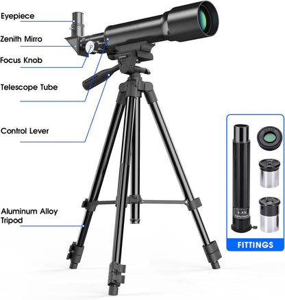Telescope for Kids 50mm Aperture 360mm AZ Astronomical Portable Telescope for Adults Beginners with Upgraded Tripod White