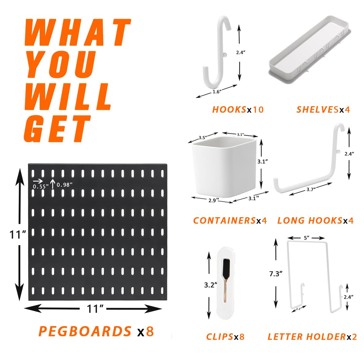 Pegboard Combination Kit, 8 Peg Boards and 30 Accessories Modular Hanging Black Pegboard for Walls, Office Wall Organizer, Keys Holder on Wall, Nursery Storage, 44"x22" Black
